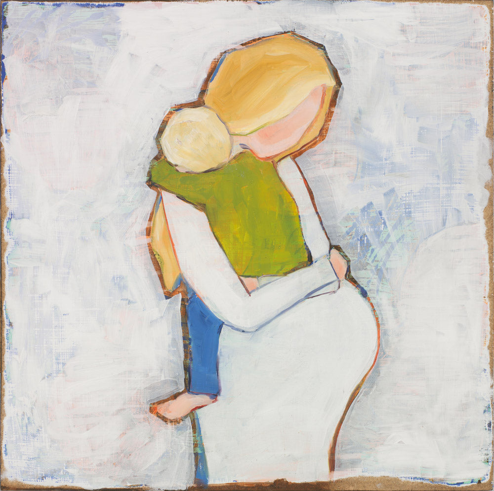 Faceless figures of a pregnant mother dressed in white holding a child.