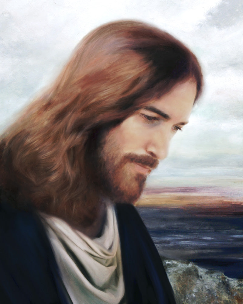 Portrait of Jesus side profile looking down.