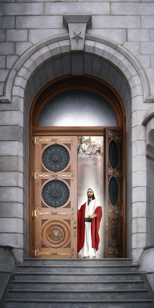 Jesus standing in the doorway of the Salt Lake temple.