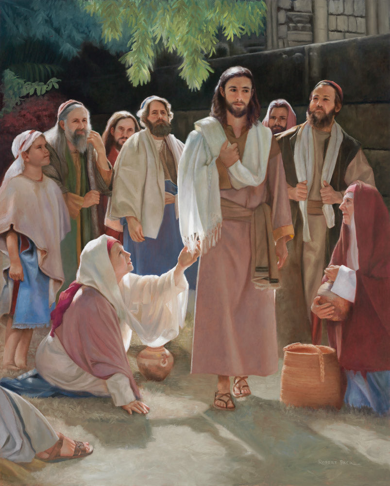 Jesus walking through crowd of people with a women reaching to touch him.