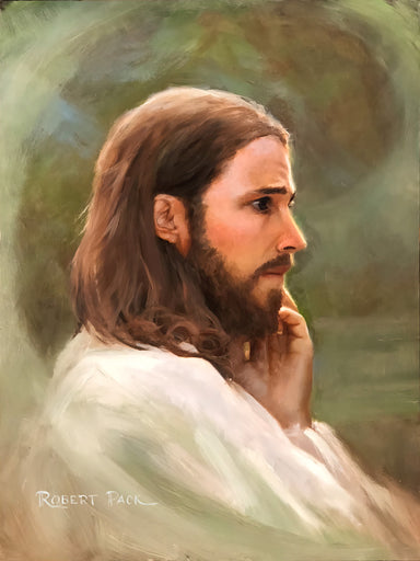 Portrait of Jesus with his hand to his cheek.