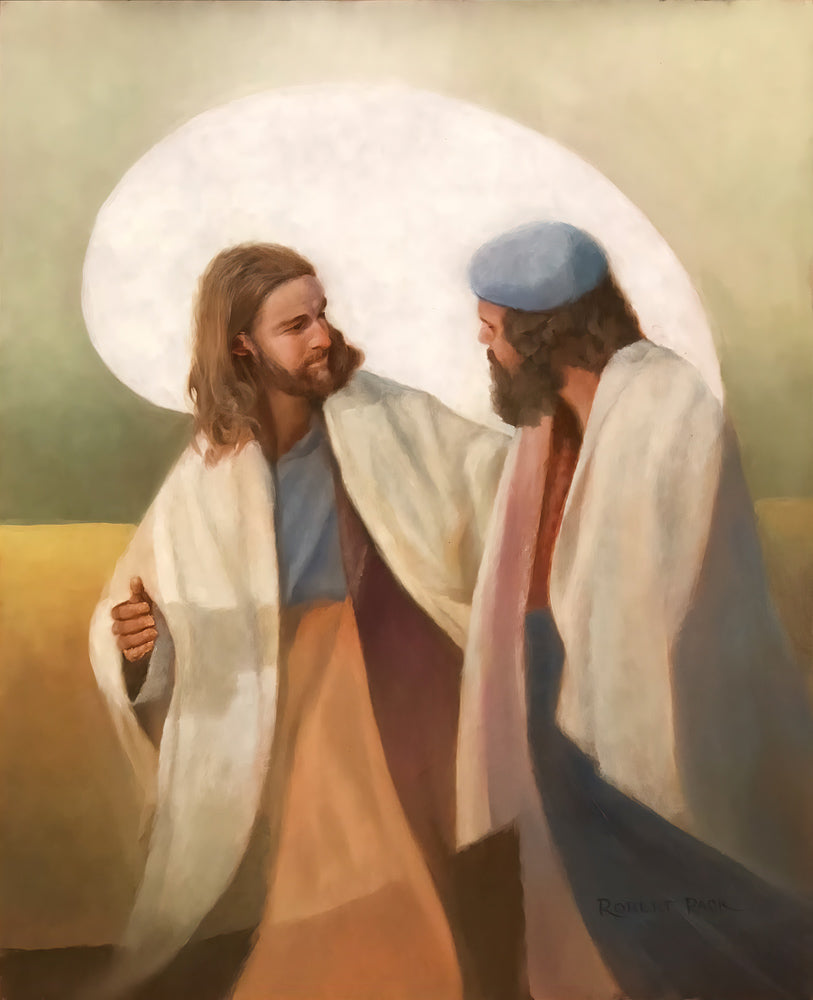 Jesus walking with and talking to a man.
