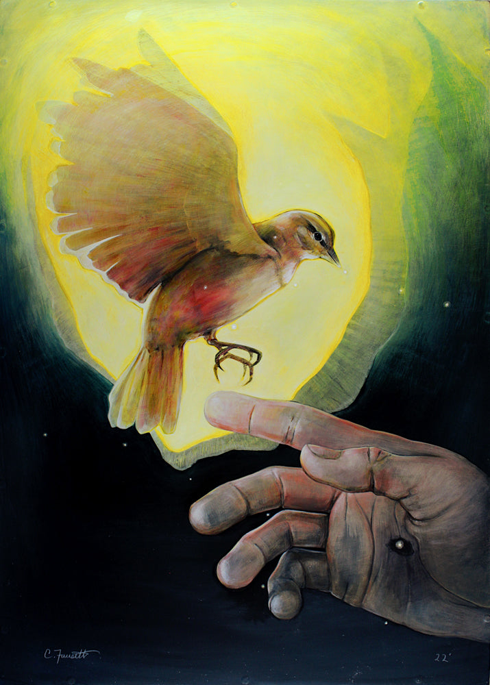 A bird on the tip of Christ finger showing the scars on Christ palm.