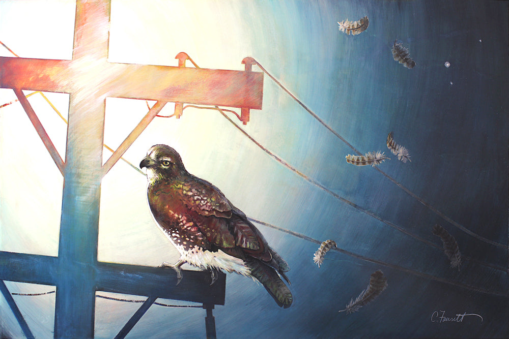 Bird looking at a cross like powerline representing humility.