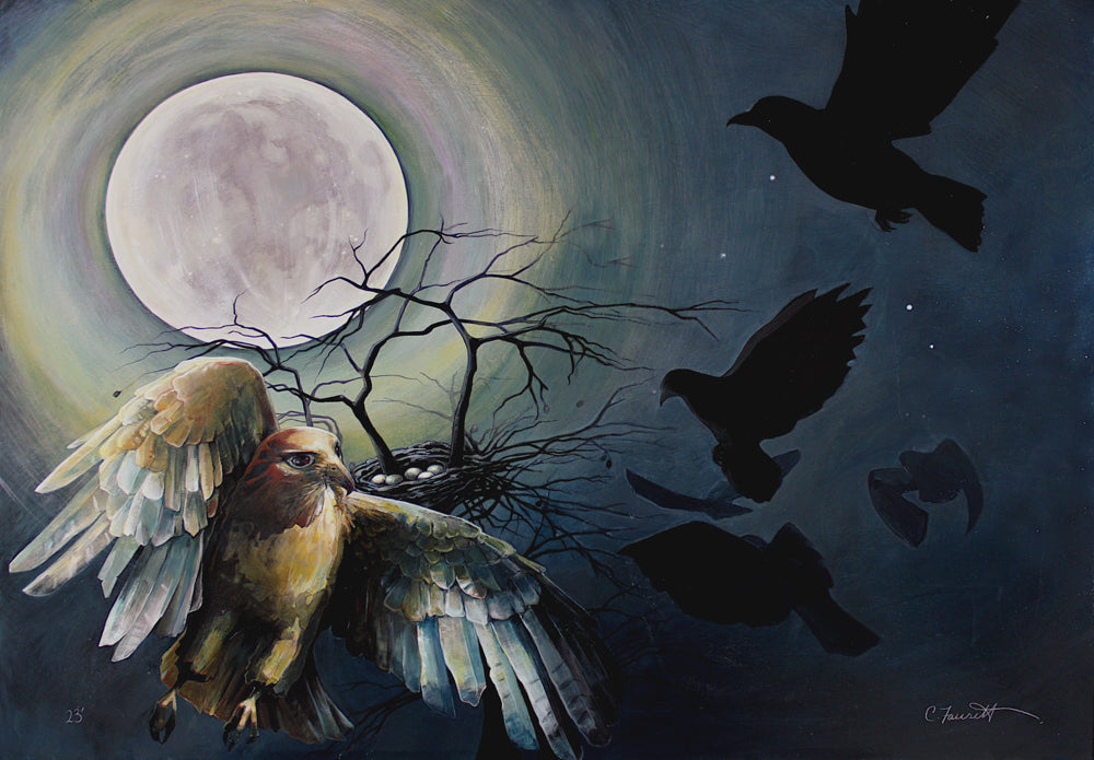 Red bird flying above a nest of baby birds representing endurance.