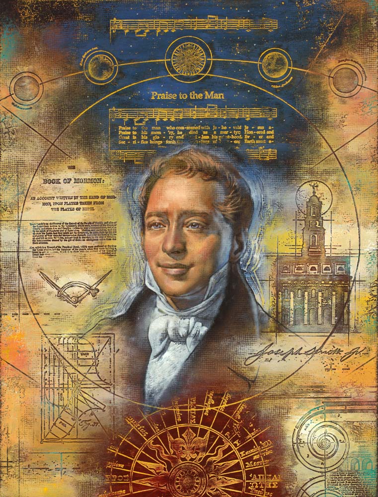 Portrait of Joseph Smith surrounded by symbols of his life.
