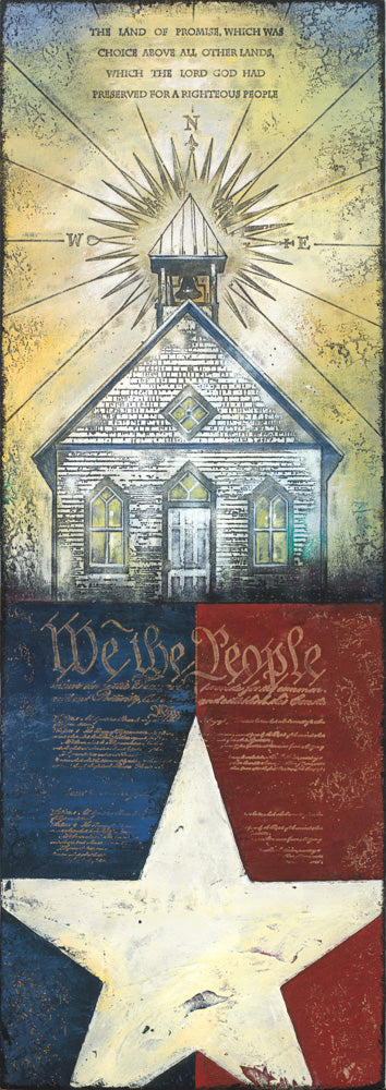 A small white church with a red white and blue Declaration of Independence below it.