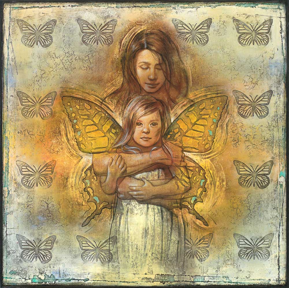 An angel wrapping her arms around a young girl giving her butterfly wings.