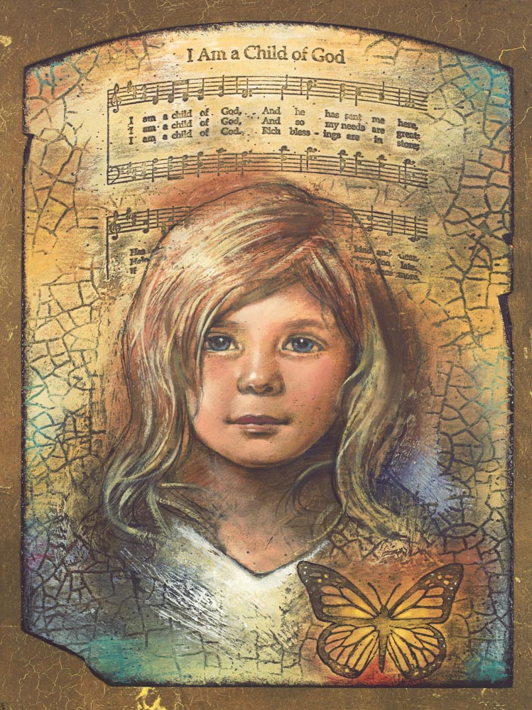 Young girl with music from I am a Child of God above her.