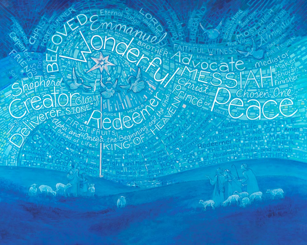 Angels singing to the shepherds. The sky is filled with swirling lettering spelling out different titles for Jesus Christ.