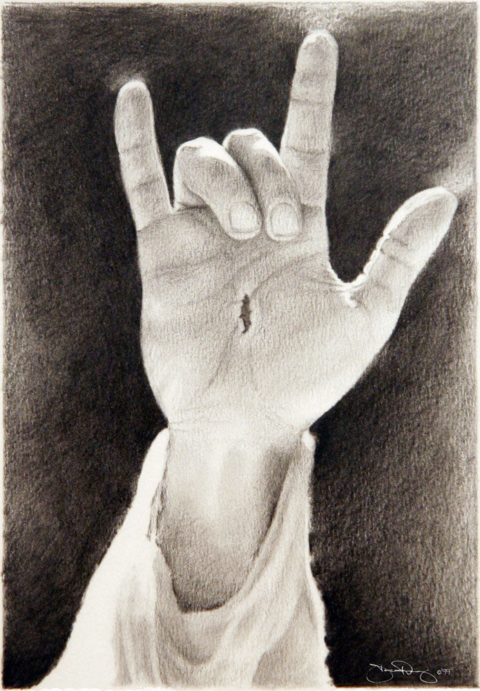 Black and white sketch of Christs hand saying love in sign language.