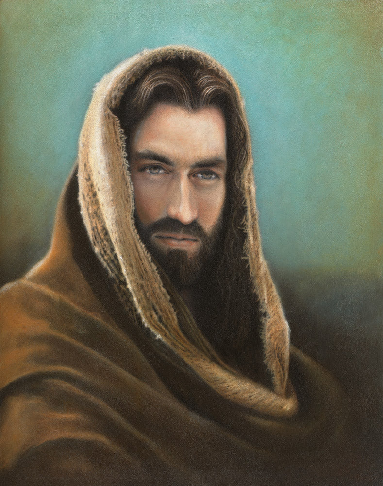 Portrait of Jesus Christ with a brown hood on his head.