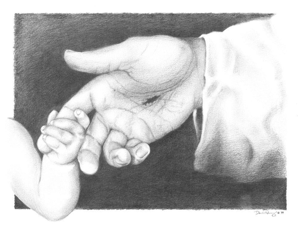 Black and white sketch of a baby hand holding Jesus's finger.