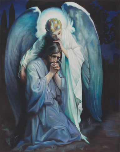 An angel with wings comforting Jesus in the garden of Gethsemane. 