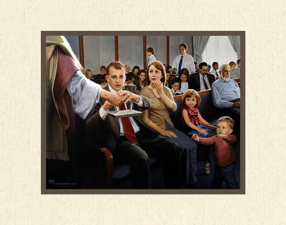 A family partaking of the sacrament at church with Jesus holding the tray. Art 14