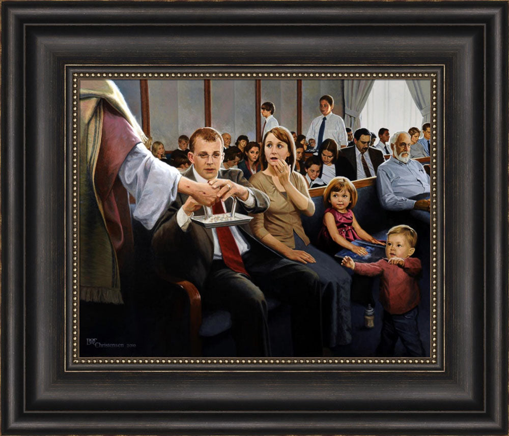 A family partaking of the sacrament at church with Jesus holding the tray. Art 6