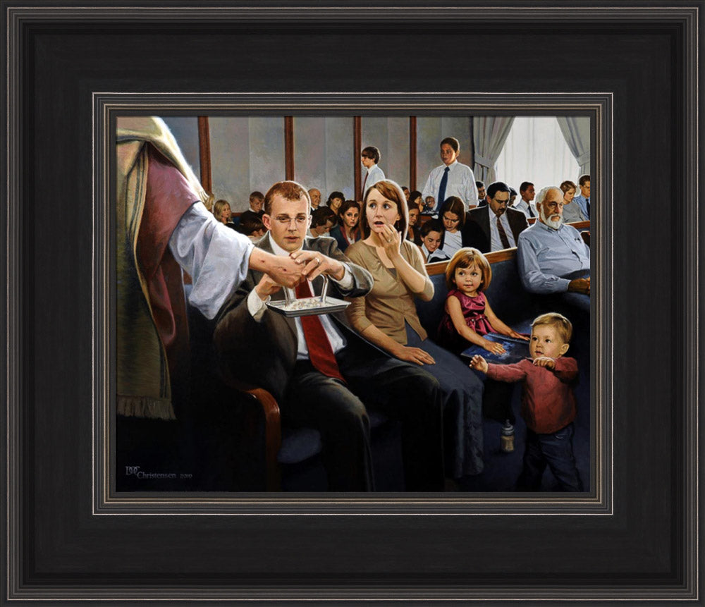 A family partaking of the sacrament at church with Jesus holding the tray. Art 10