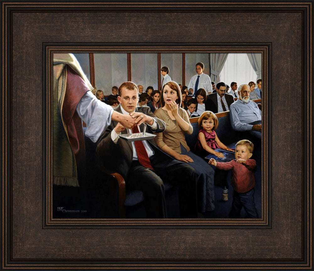 A family partaking of the sacrament at church with Jesus holding the tray. Art 12