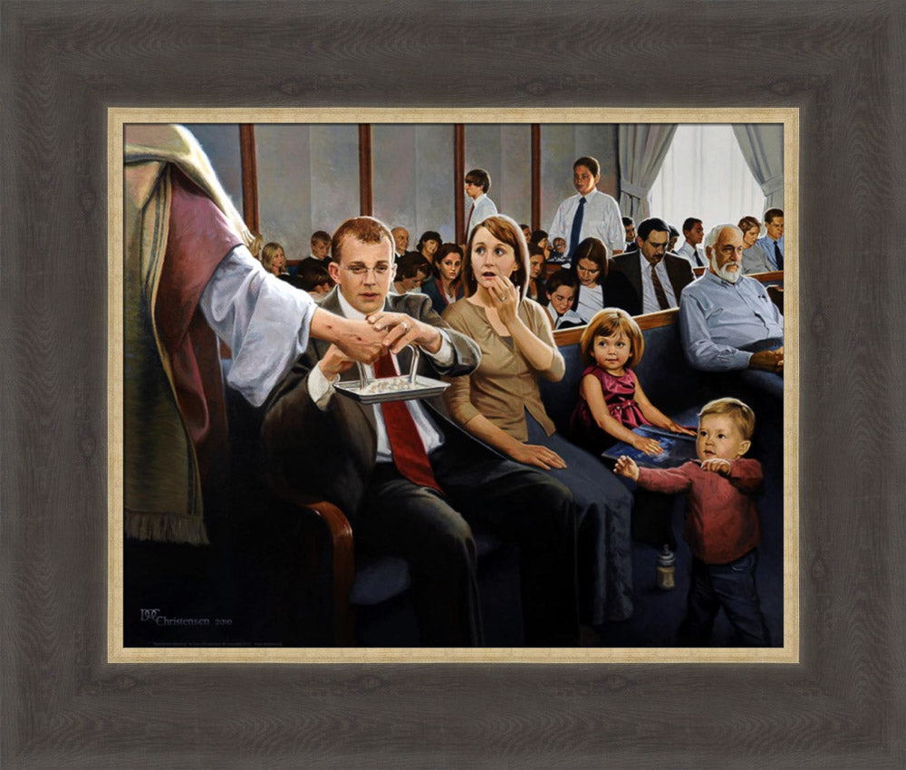 A family partaking of the sacrament at church with Jesus holding the tray. Art 8