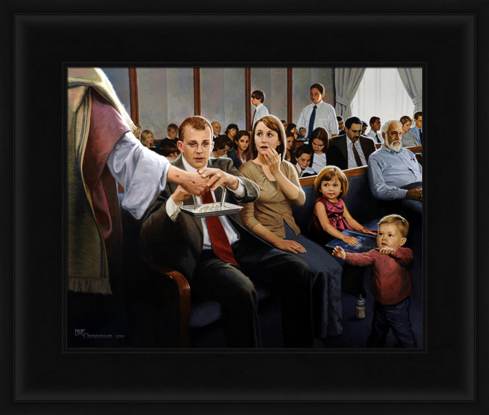 A family partaking of the sacrament at church with Jesus holding the tray. Art 15