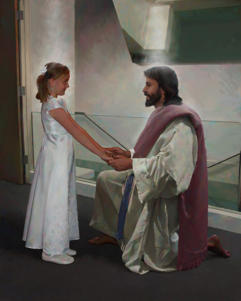 Girl dressed in white in front of a baptismal font with Jesus holding her hands.