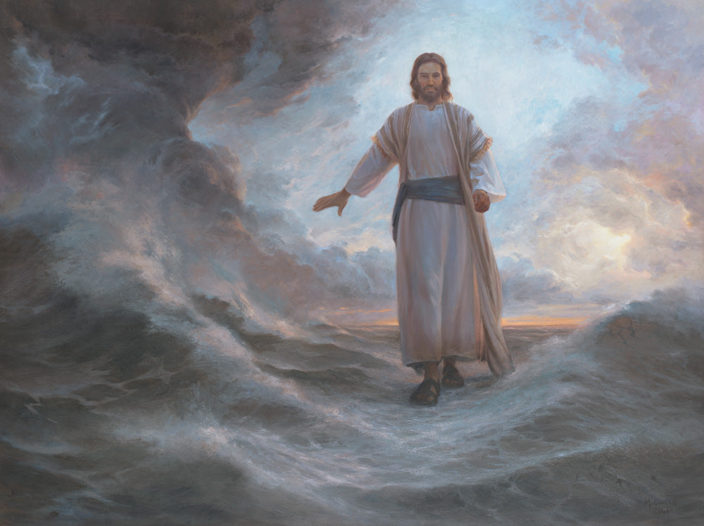 Jesus walking on the stormy sea, calming the waves as he passes.