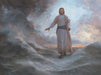 Jesus walking on the stormy sea, calming the waves as he passes. 