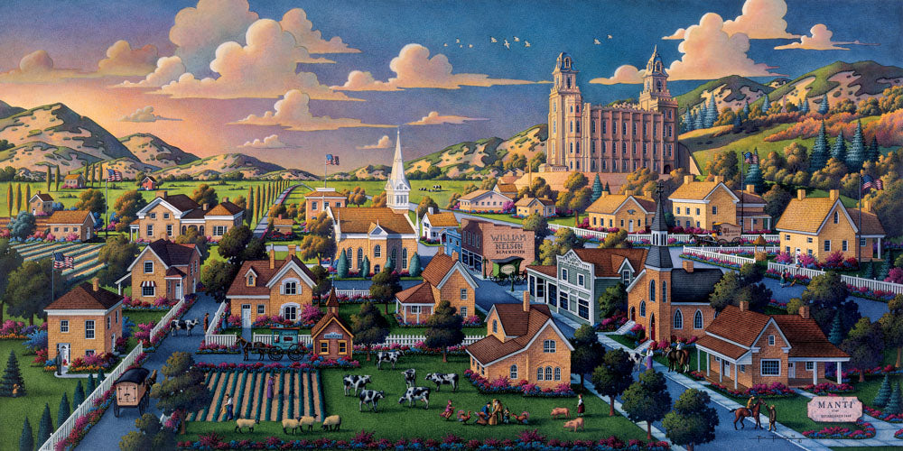 Painting of the Manti Utah City with the Manti Temple on a hill in the background.