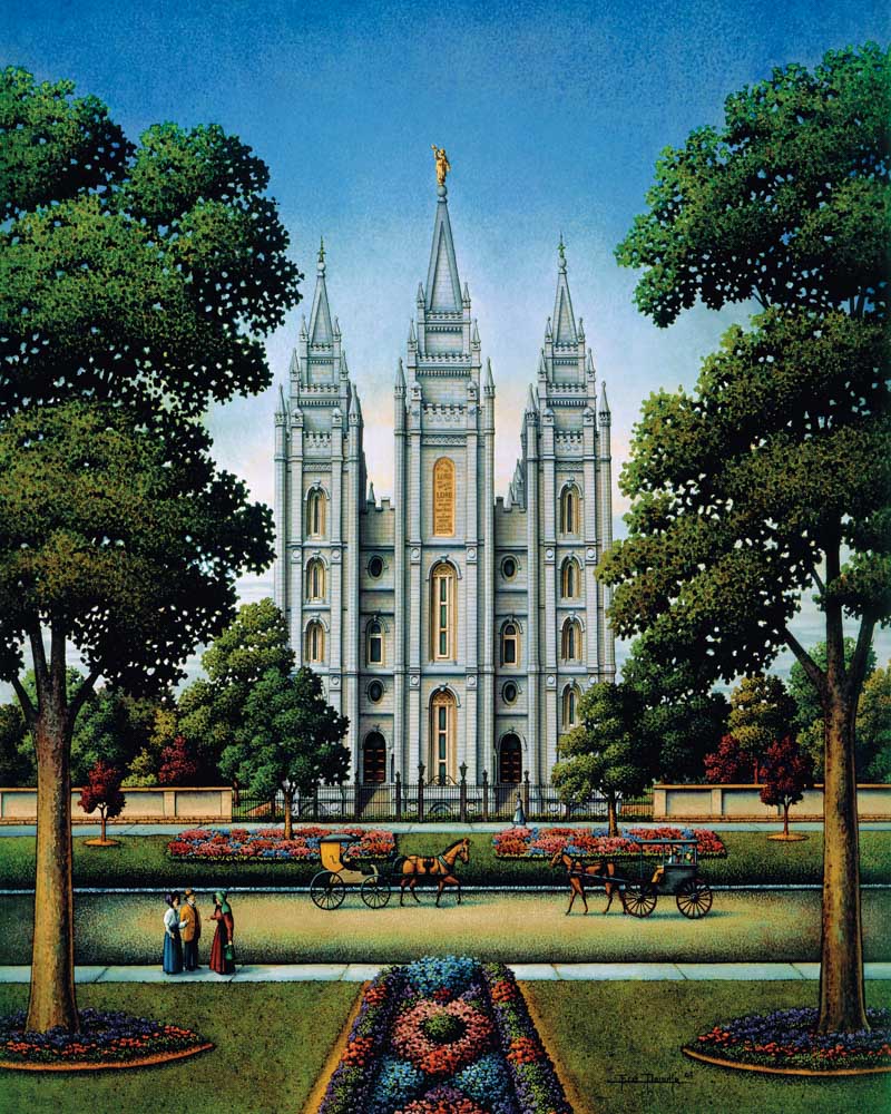 Colorful Painting of the Salt Lake Temple with horse drawn carriages going past.