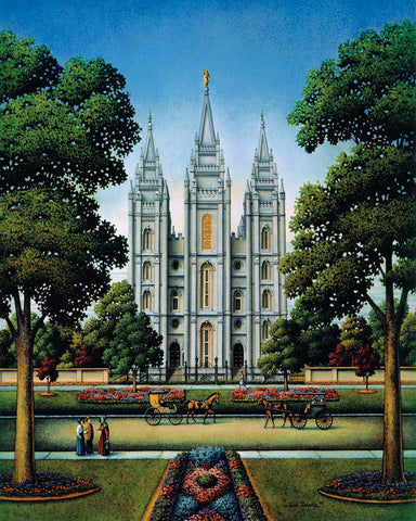 Colorful Painting of the Salt Lake Temple with horse drawn carriages going past. 