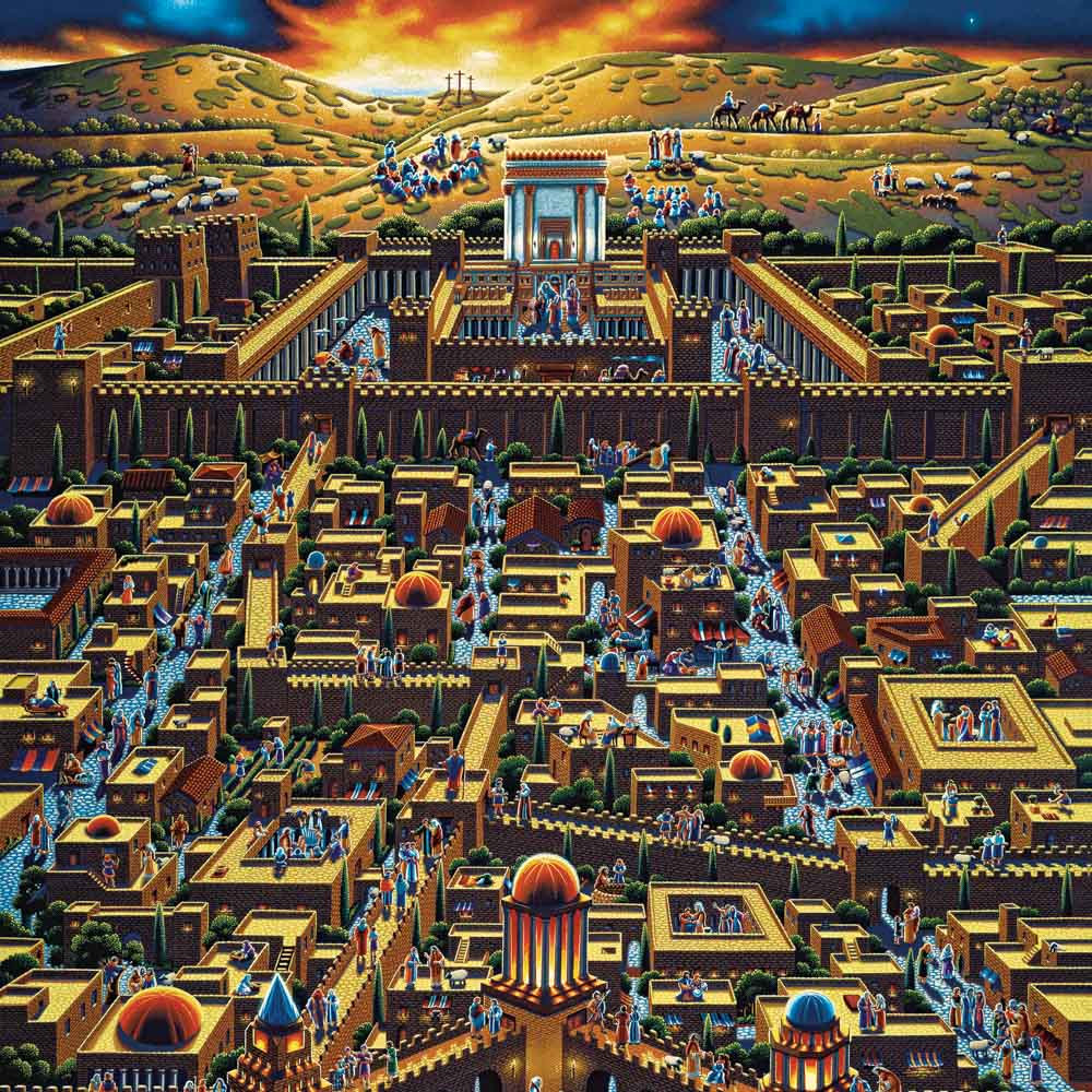 Colorful painting of the City of Jerusalem at sunset back in ancient times.