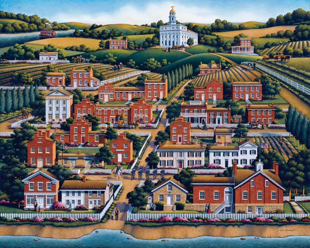 Historical Painting of old Nauvoo, with the Nauvoo temple on a hill.