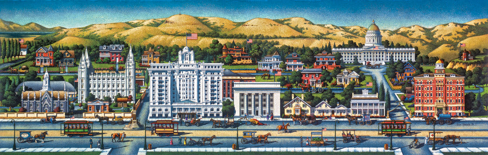 Painting of Salt Lake City in the 1920's including the Joseph Smith Memorial building.