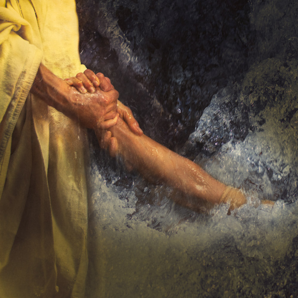 Jesus walking on water grabbing the hand of Peter to save him.