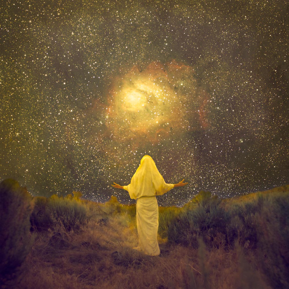 Jesus Christ staring up into a starry sky as He creates Earth.