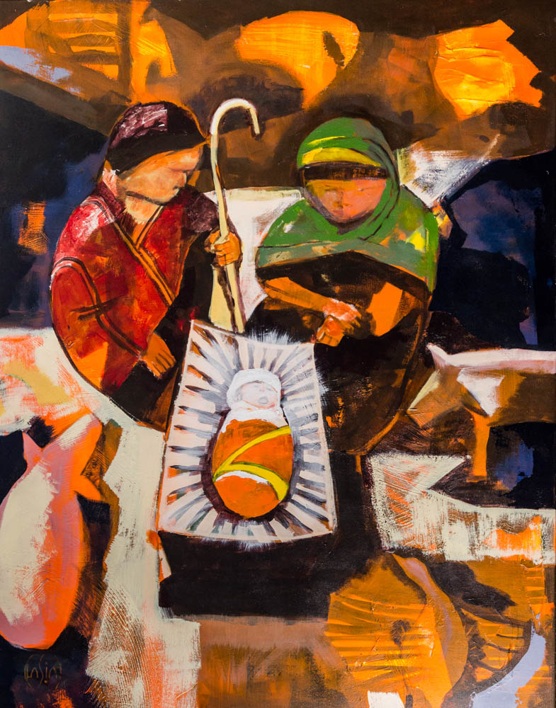 Impressionist image of Mary and Joseph watching over infant Jesus.