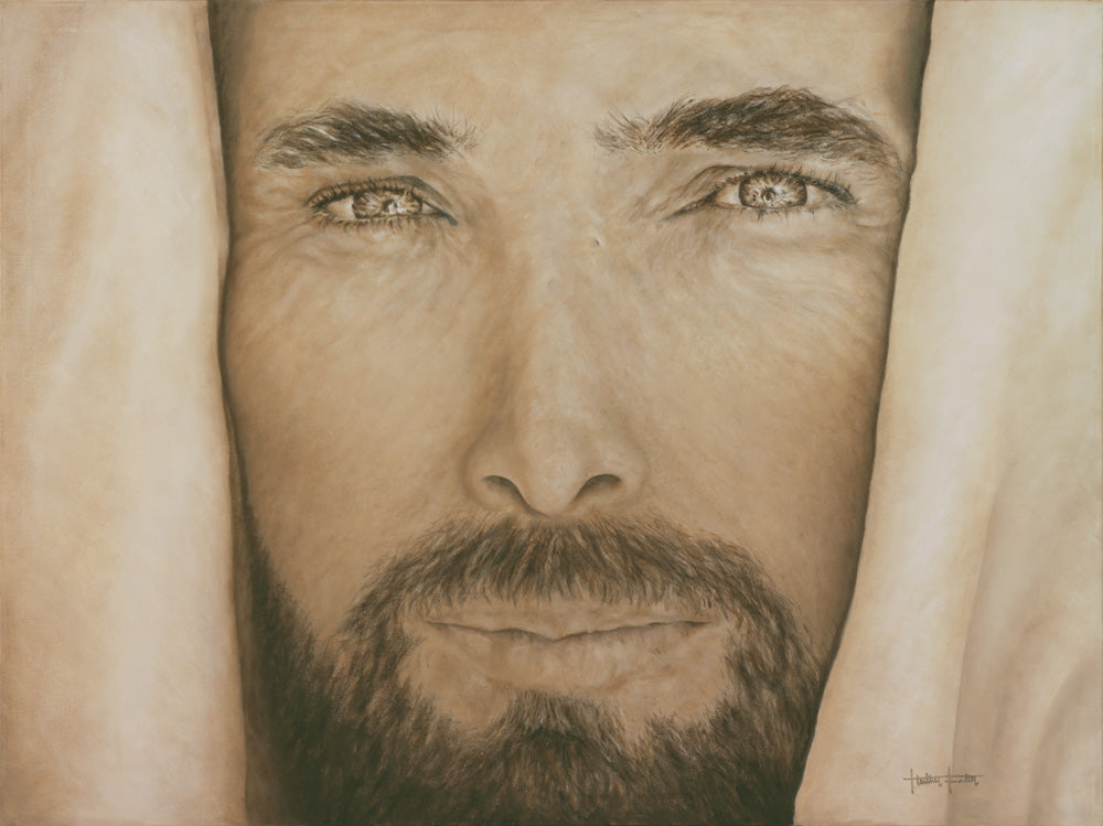 Painting of a close up of Jesus's face.