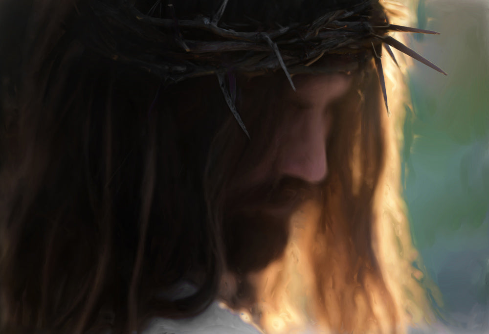 Heavily shaded image of Jesus' profile. His crown of thorns is silouhetted against the light.