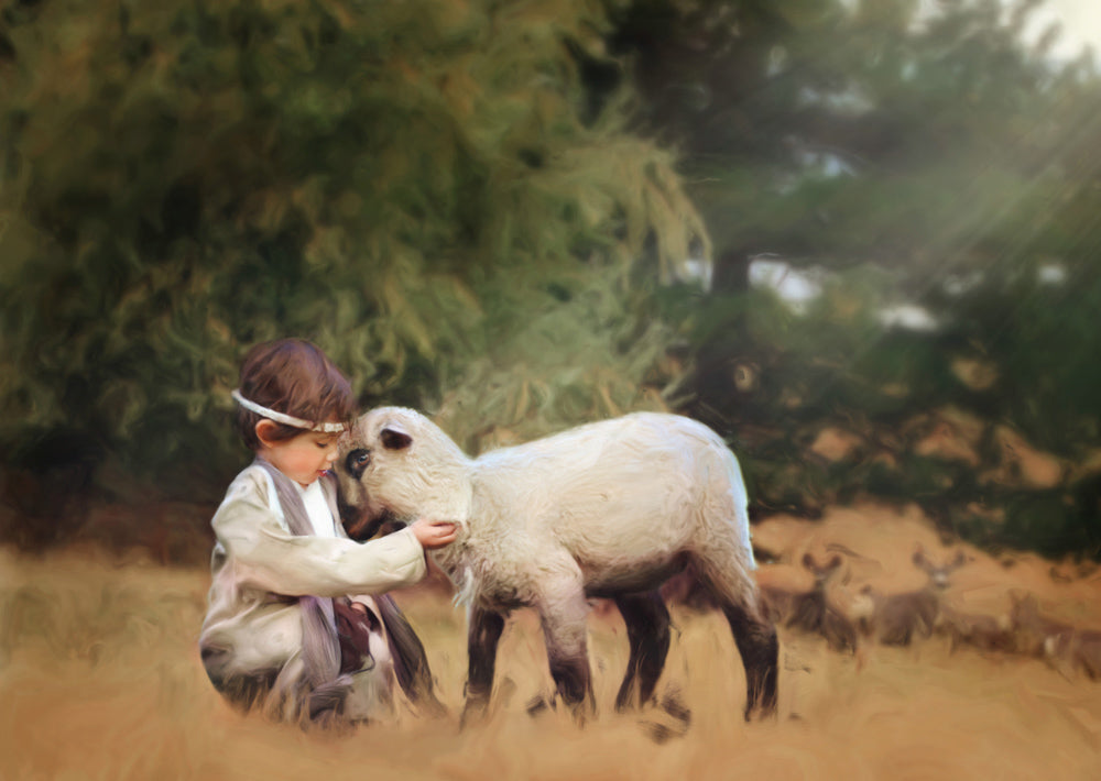 Child Jesus Christ playing with a lamb.