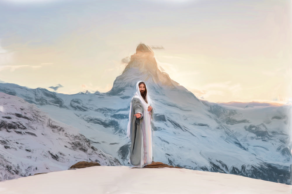 Jesus standing in a snowy landscape with mountains in the backdrop. His hand is outstretched toward the viewer.