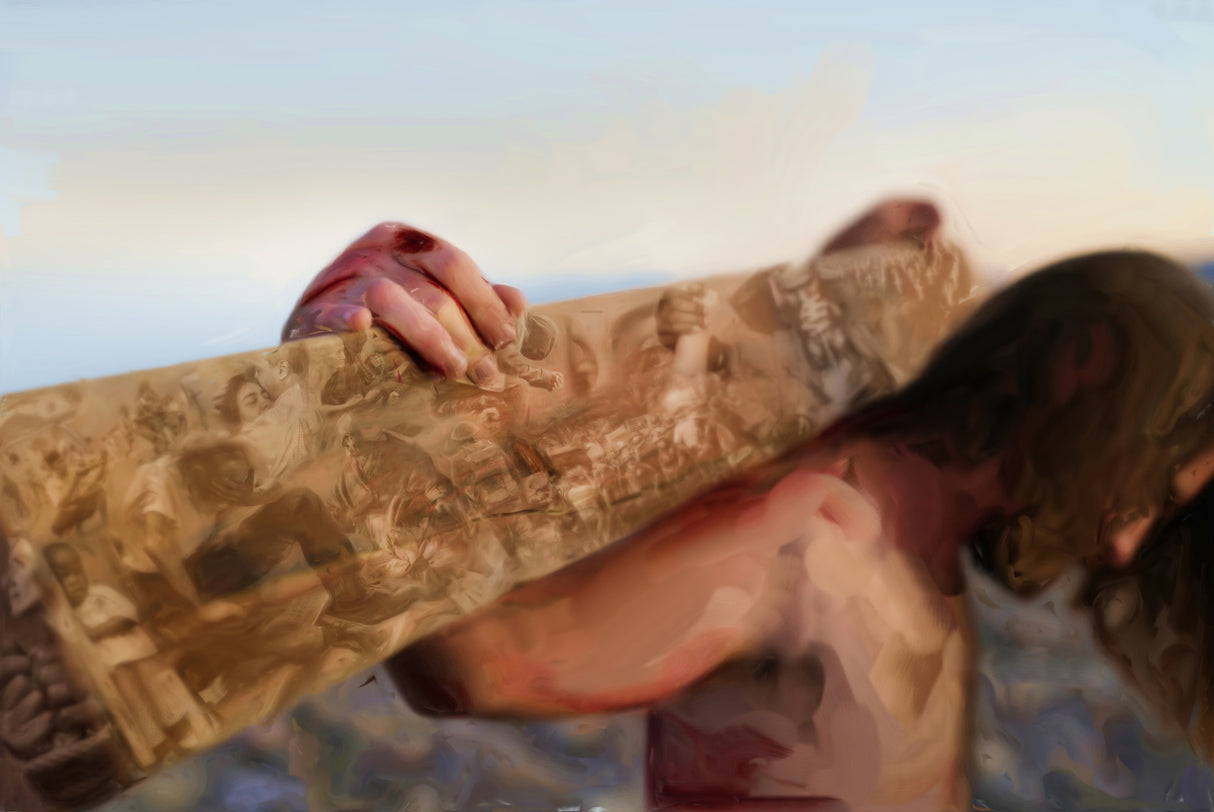 Jesus holding the cross.