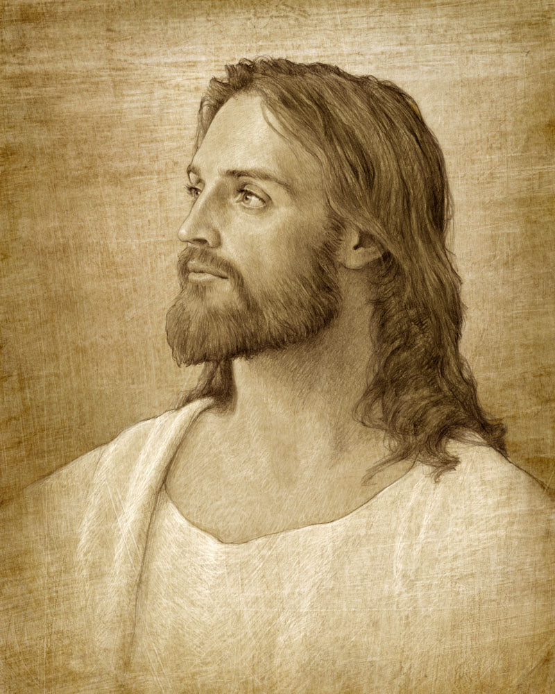 Sepia colored sketch of Jesus looking to the left.