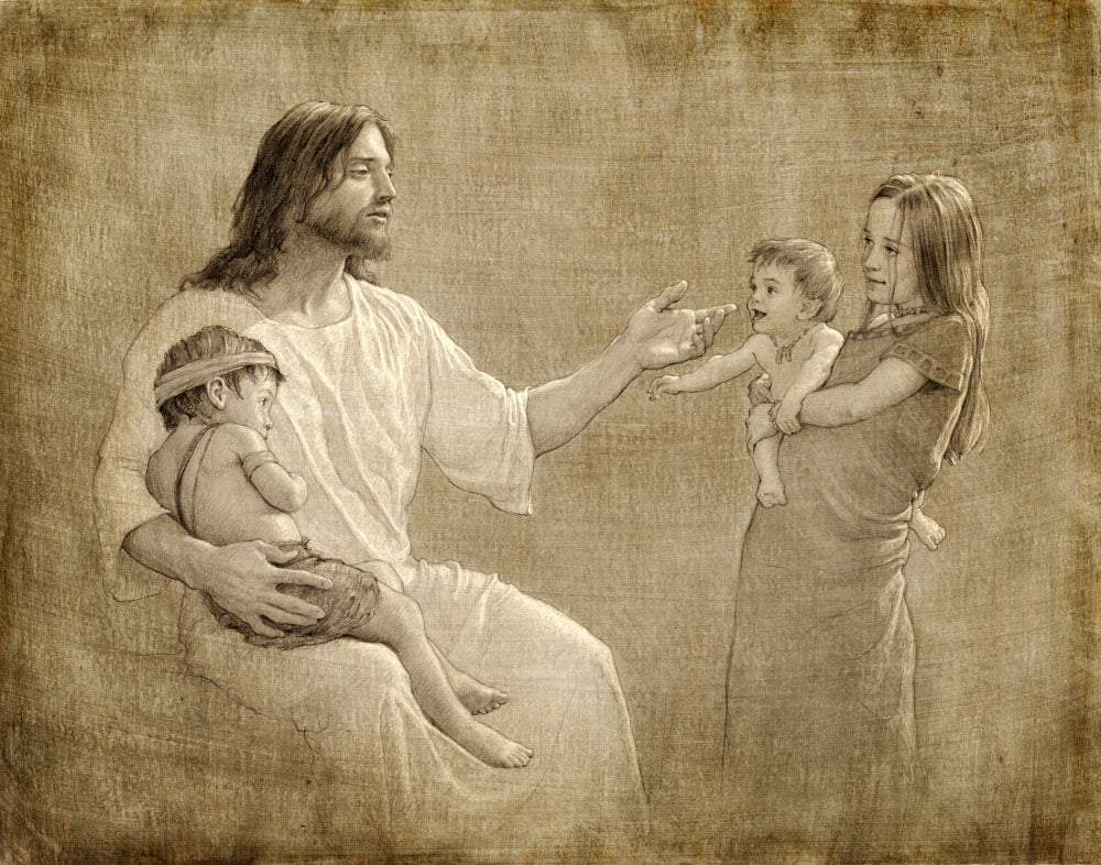 Sepia colored sketch of jesus with three children, one on his lap.