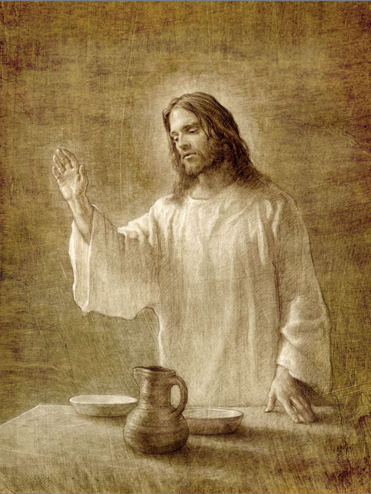 Sepia sketch of Jesus with his hand up next to a table with a pot.