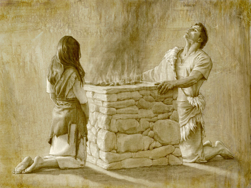 Adam and Eve kneeling and praying at an alter.