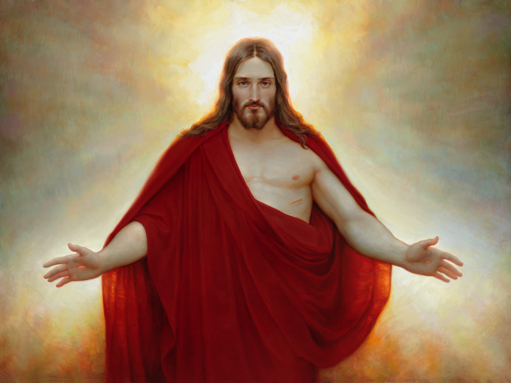 Jesus wearing a red robe with arms stretched out and light behind him.