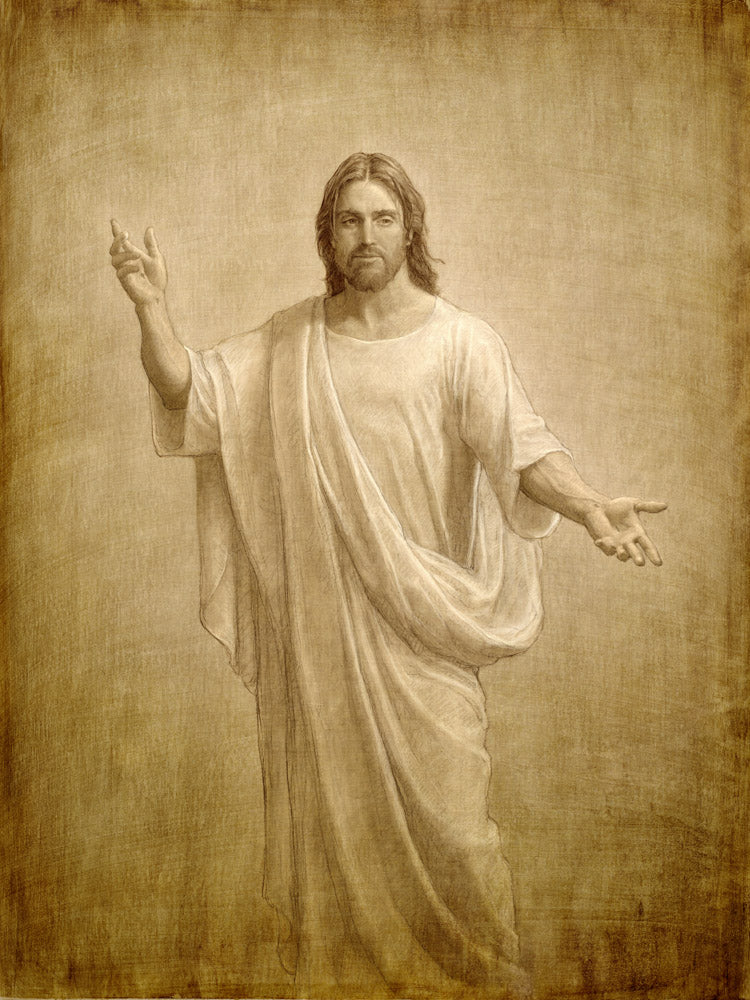 Sepia sketch of Jesus standing with one arm in the air and the other stretched out.