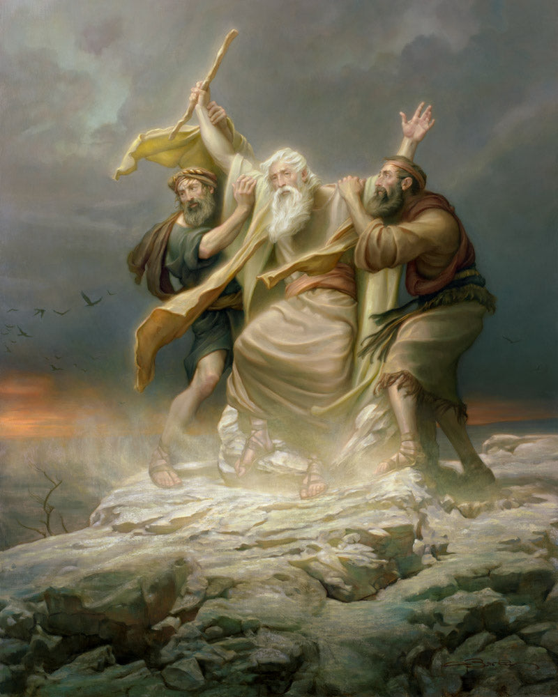 Moses holding a staff falling as two men hold him up.