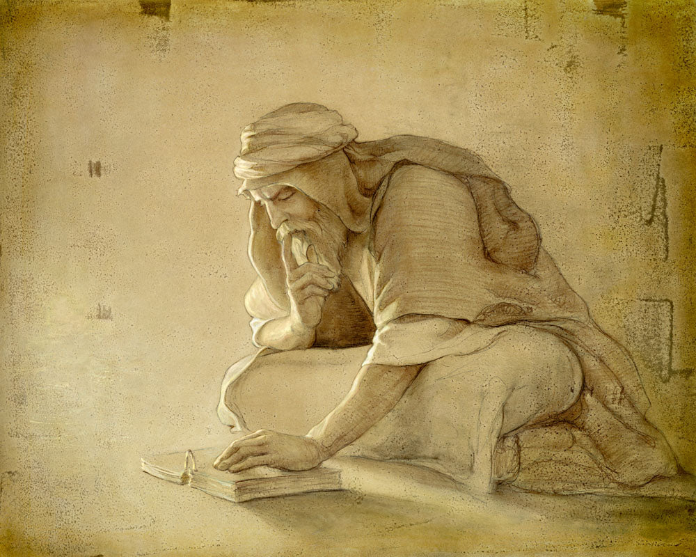 Lehi sitting on ground reading the brass plates.