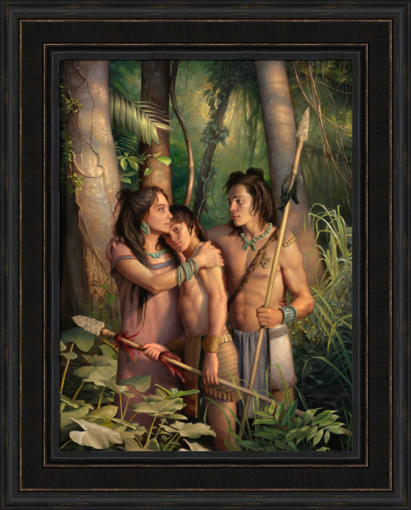 A mother comforting her two young warriors sons in the jungle. Art